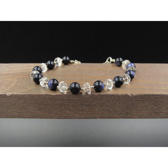 7" Sterling Silver Blue Black And Clear Glass Orbs Bracelet Vintage Elegant - Picture 1 of 5